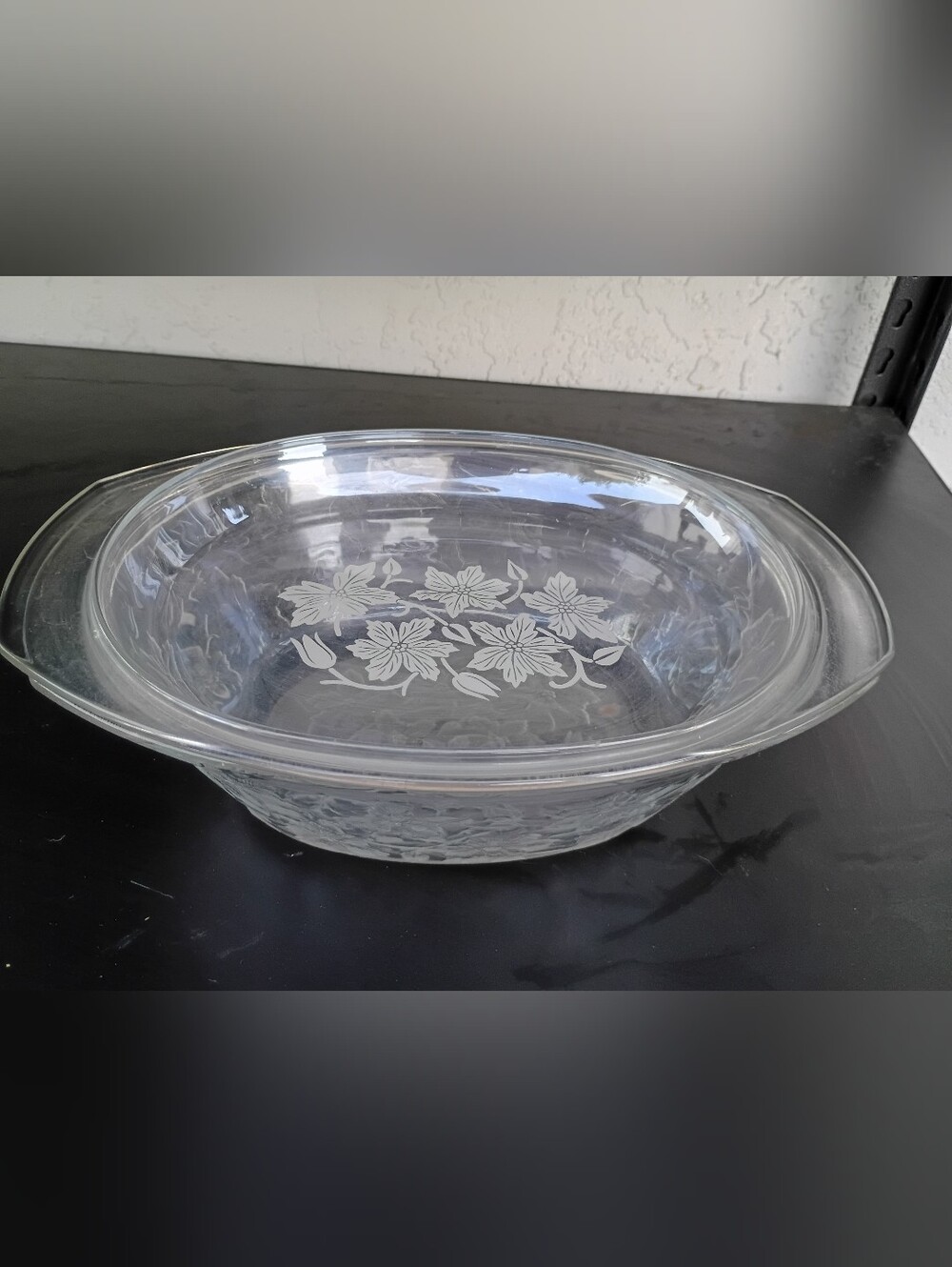 Clear Floral Etched Glass Serving Bowl - White Floral Princess House Fantasy